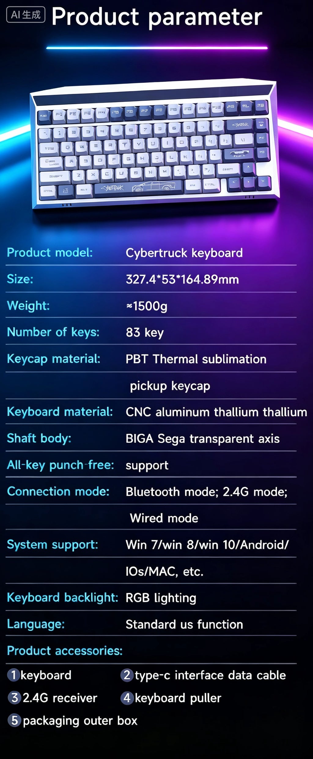 MX-Tesla Wireless Hot Swappable Mechanical Gaming Keyboard RGB Aluminum Frame