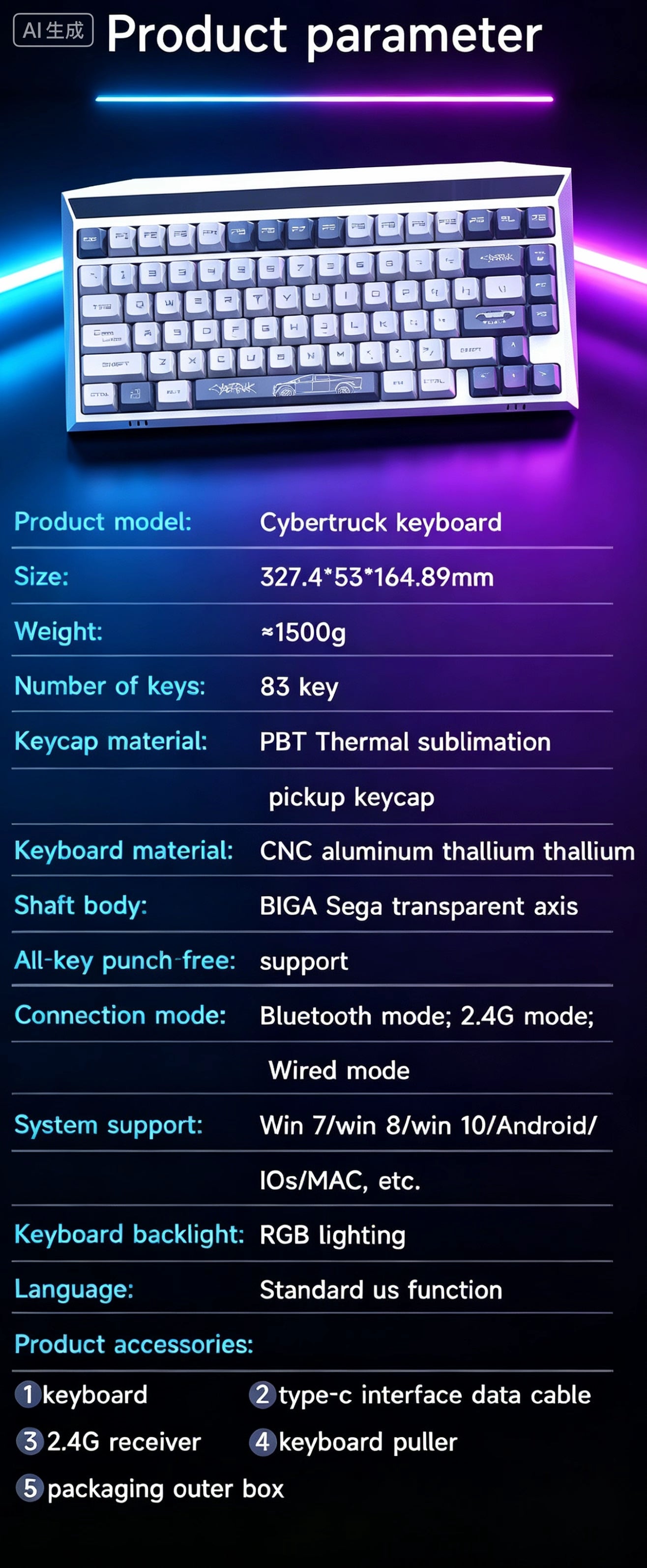 MX-Tesla Wireless Hot Swappable Mechanical Gaming Keyboard RGB Aluminum Frame