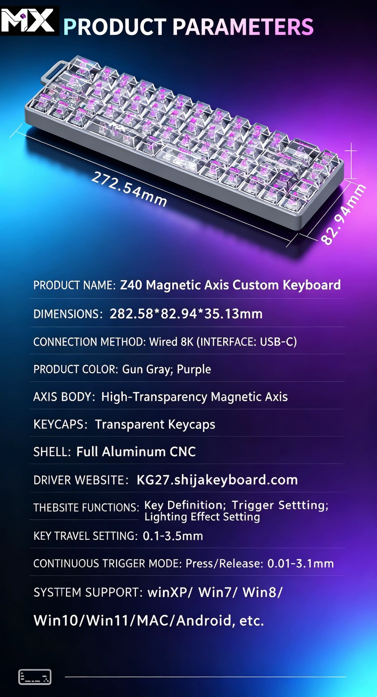 MX-Z40 All-Aluminum Magnetic Switch Custom RGB Keyboard – Aluminum Alloy Case, 40% Layout, 49 Keys