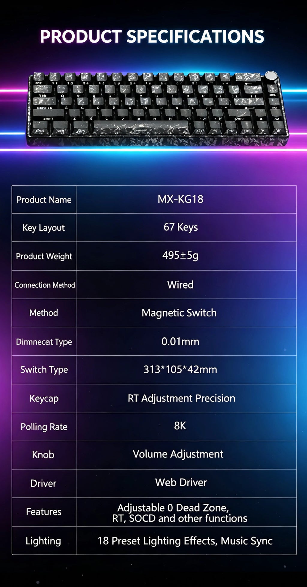 Mx68 Carbon Fiber Texture RGB Magnetic Switch Keyboard – 68-Key, Hot-Swappable, Portable Compact Keyboard for Gaming, Esports, and Office Use